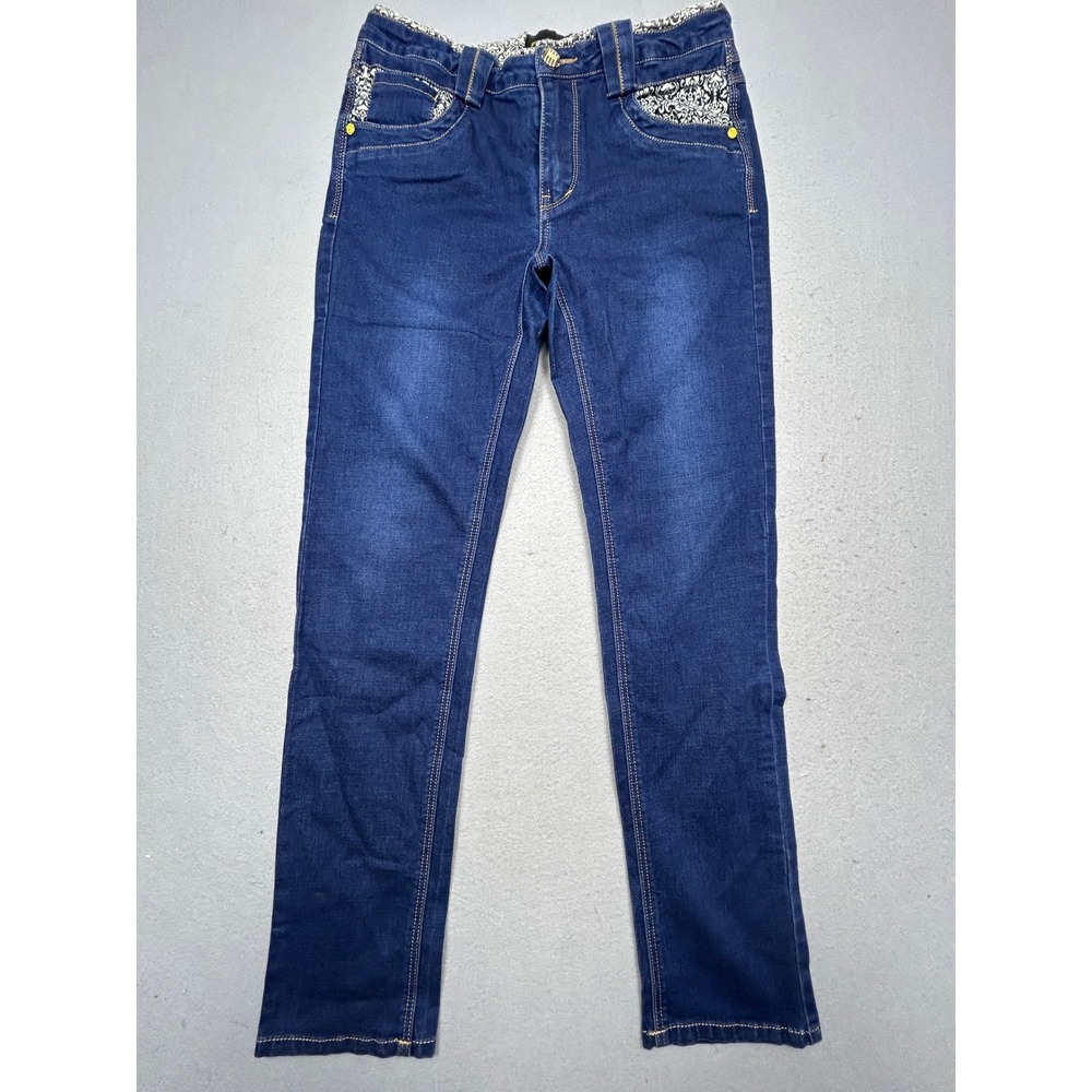 B.M Straight Leg Jeans Cotton Denim Blue Paisley Trim Size 32 Womens